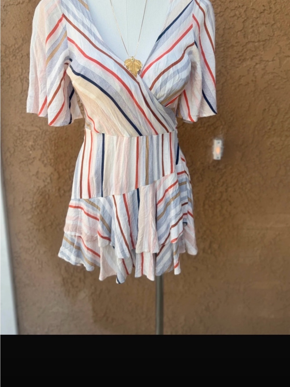 Striped romper Wrap-Front Flutter Sleeve Top - White with Red & Navy Stripes